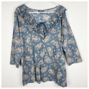Lauren Ralph Lauren Jeans Co. Blue paisley Teal Blouse shirt Size 2X Ruffle Neck
